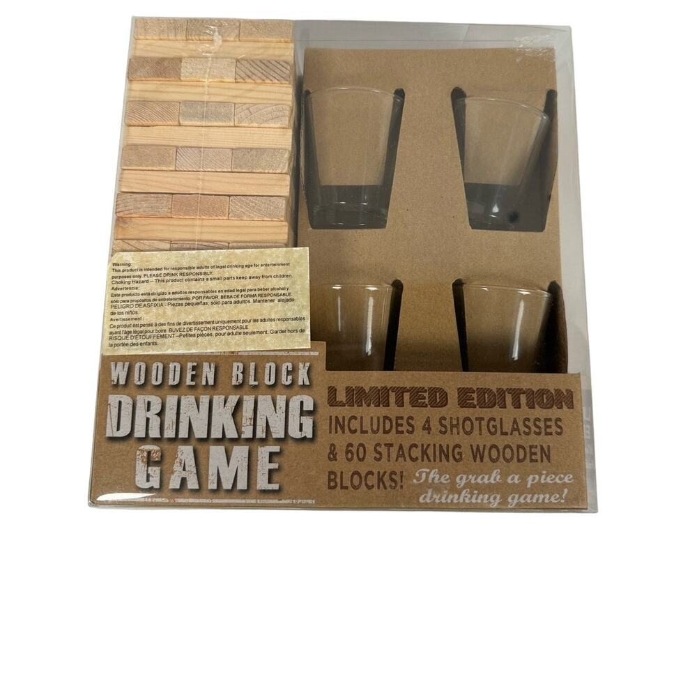 60 Wooden stacking blocks LE drinking games & 4 shot glasses new by Samsonico